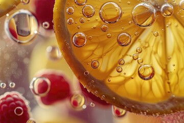 Poster - A close-up view of a slice of lemon accompanied by fresh raspberries. Perfect for adding a refreshing touch to food and beverage themed designs