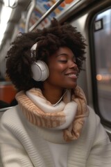 Aufkleber - A woman wearing headphones on a subway train. Perfect for illustrating urban commuting and personal entertainment on public transportation