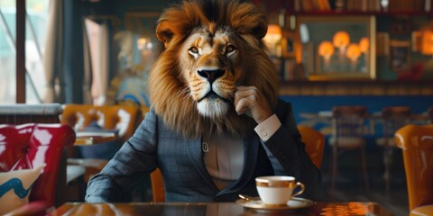 Poster - A man wearing a suit is sitting at a table with a lion mask on his head. This image can be used for various creative projects and events