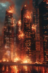 Poster - A captivating image of a city illuminated by a vibrant display of fire. This striking photo captures the intense energy and dynamic atmosphere of a city engulfed in flames.
