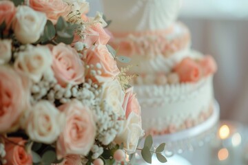 Close up view of two beautifully decorated wedding cakes displayed on a table. Perfect for wedding planning websites or bakery advertisements