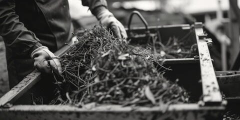 Poster - A black and white photo of a person holding a bunch of grass. This versatile image can be used in various projects
