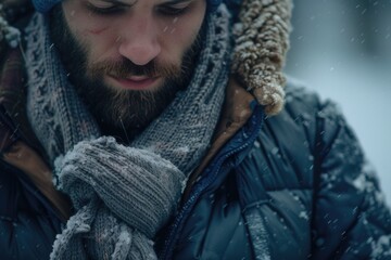 Sticker - A picture of a man wearing a hat and gloves in the snow. Suitable for winter-themed projects and outdoor activities