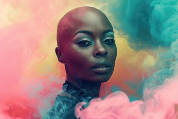 Poster - A woman wearing a black top with smoke emanating from her face. Can be used for artistic and conceptual projects