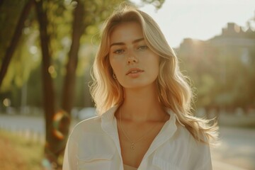 Canvas Print - A woman wearing a white shirt stands on a sidewalk. This versatile image can be used in various contexts