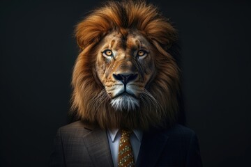 Poster - A man wearing a suit with a lion head on his head. This unique and eye-catching image can be used in various creative projects