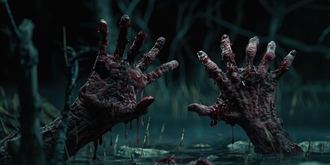 Poster - A chilling image of a pair of bloody hands emerging from the water. This image can be used to create suspense and tension in various projects