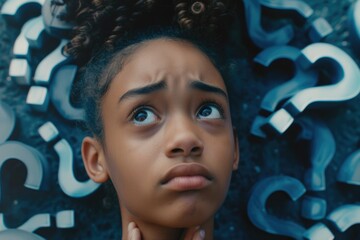 Poster - A young girl with a puzzled expression and question marks covering her face. This image can be used to depict confusion, uncertainty, or the search for answers in various contexts