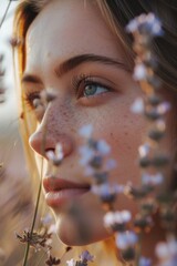 Poster - A close-up view of a woman's face showcasing her freckles. This image can be used for various purposes, such as beauty, skincare, or natural makeup