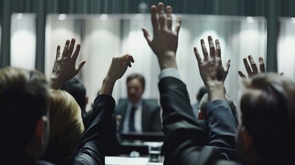 Poster - A group of people raising their hands in the air. Perfect for celebrating achievements and teamwork
