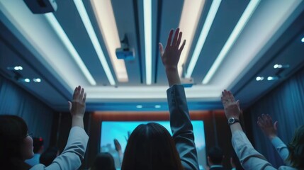 Poster - A group of people raising their hands in the air. Perfect for team building activities and celebrations.