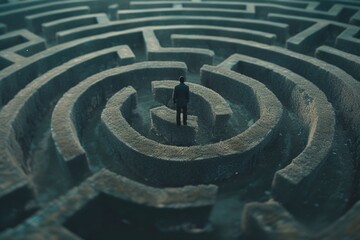 Poster - A man standing in the middle of a maze. Suitable for illustrating concepts such as decision-making, problem-solving, confusion, and finding one's way