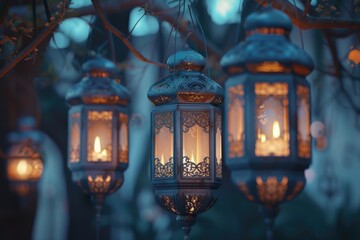 Poster - A cluster of lanterns suspended from a tree, creating a whimsical and enchanting ambiance. Perfect for outdoor events, garden parties, or adding a touch of magic to any setting
