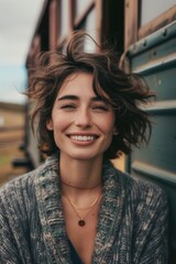 Poster - A smiling woman standing next to a train. Perfect for travel and transportation concepts
