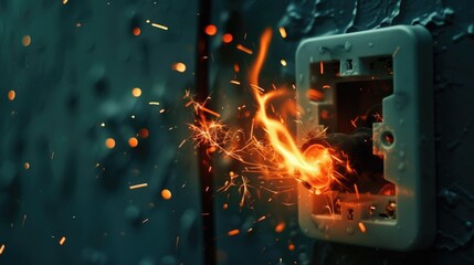 Poster - A close-up view of a light switch with sparks shooting out. Ideal for illustrating electrical hazards and safety precautions