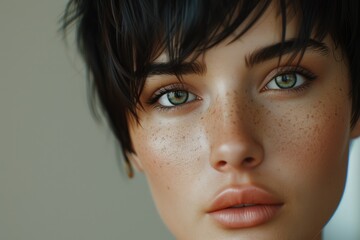 Poster - A close up view of a woman's face with freckles. This image can be used to showcase natural beauty or for skincare and beauty-related content