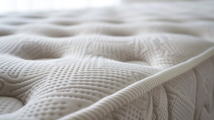 Poster - A detailed view of a mattress with a white cover. Ideal for showcasing bedding products or interior design concepts