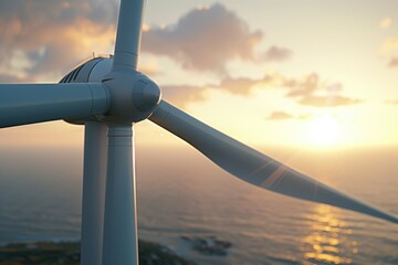 Poster - A detailed view of a wind turbine with the sun shining in the background. This image can be used to represent renewable energy, clean power, and sustainability