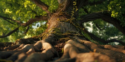 Aufkleber - A picture of a large tree with an intricate and expansive root system. Perfect for nature enthusiasts and environmental themes