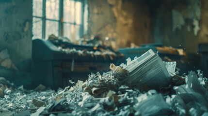 Poster - A pile of papers sitting on top of a pile of rubble. This image can be used to depict destruction, chaos, or the aftermath of a disaster