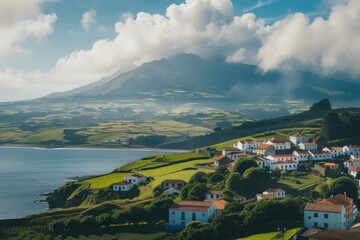 Poster - A picturesque view of a small town situated on a hill, with a majestic mountain in the background. Ideal for travel and tourism promotions