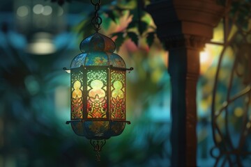 Poster - A vibrant lantern hanging from a tree in a garden. Perfect for adding a pop of color and charm to outdoor spaces