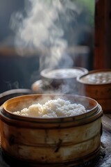 Aufkleber - A wooden bowl filled with rice sitting on top of a table. Perfect for food and cooking concepts