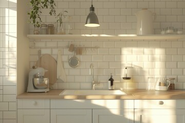Poster - A kitchen with white cabinets and a wooden counter. Perfect for showcasing modern and minimalist design.