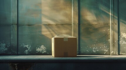 Poster - A box sitting on a ledge in front of a building. This image can be used to depict concepts such as delivery, urban environment, or cityscape