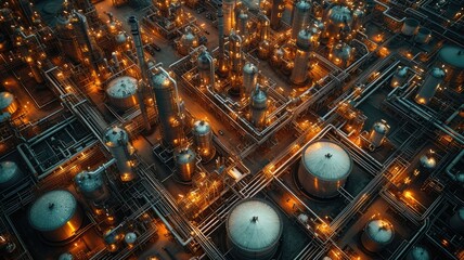 Wall Mural - An aerial view of an industrial oil and gas tank storage complex bomb twilight time --ar 16:9 --stylize 750 --v 6 Job ID: 7ef23fb1-6601-4e9a-848b-f901df5ca7ca