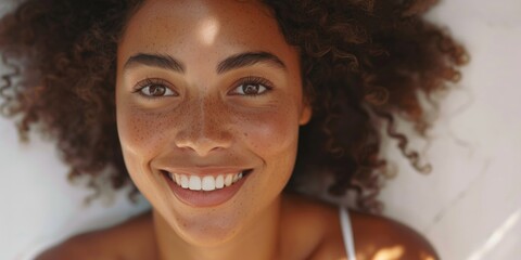 Poster - Close-up of a woman's face with freckles. Can be used for beauty, skincare, or natural makeup concepts