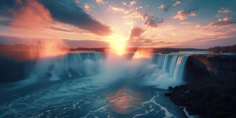 Poster - A stunning image capturing the sun setting over a majestic waterfall. Perfect for nature enthusiasts and travel websites