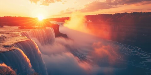 Poster - A picturesque scene of the sun setting over a beautiful waterfall. Perfect for nature enthusiasts and travel websites