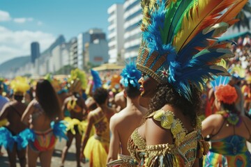 Poster - A vibrant group of people dressed in colorful costumes enjoying a festive carnival atmosphere. Perfect for capturing the excitement and energy of a lively celebration