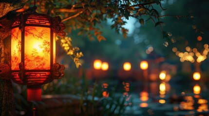Poster - A lantern hanging from a tree in a park. Suitable for outdoor and nature-themed designs