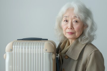 Poster - An older woman holding a piece of luggage. Perfect for travel and retirement themes