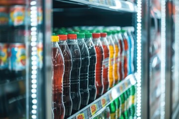 Poster - A row of soda bottles neatly arranged on a shelf in a store. Ideal for advertising, product displays, or illustrating consumer choices