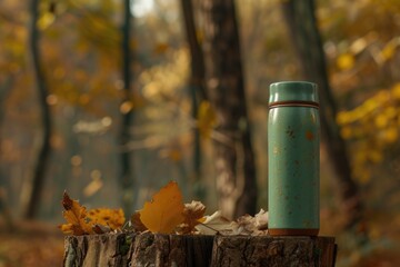 Poster - A green cup placed on a tree stump. Can be used to depict nature, outdoor activities, or a rustic setting