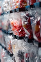 Poster - Bags of various fruits are displayed in the store. Ideal for use in grocery store advertisements or healthy eating promotions