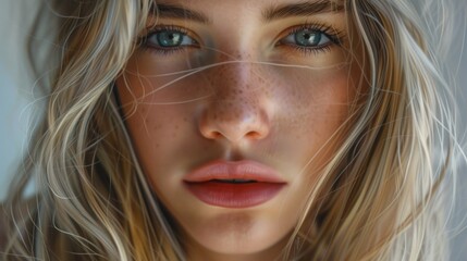 Poster - A close up view of a woman with freckles on her face. This image can be used to showcase natural beauty or for skincare and makeup related content