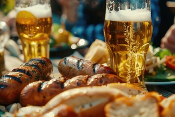 Wall Mural - A table topped with plates of food and a glass of beer. Suitable for restaurant menus or food-related designs