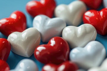 Poster - A collection of red and white hearts arranged on a blue surface. Perfect for expressing love and affection.