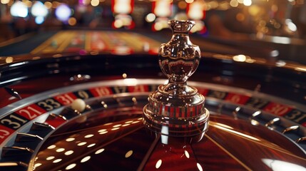 Poster - A close-up view of a casino roulette with vibrant lights in the background. Perfect for illustrating the excitement and glamour of a casino setting.