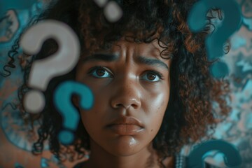 Poster - A woman with multiple question marks on her face, representing confusion or uncertainty. Can be used to illustrate concepts related to questioning, doubt, or searching for answers