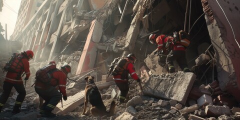 Aufkleber - Rescuers working diligently on the rubble of a building. This image can be used to portray the efforts of dedicated professionals in search and rescue missions.