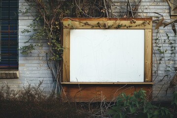 Poster - White board placed in front of a brick building. Suitable for educational, business, or creative concepts
