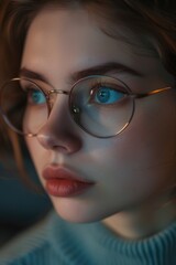 Poster - Woman wearing glasses in a close-up shot. Suitable for various professional and everyday life concepts