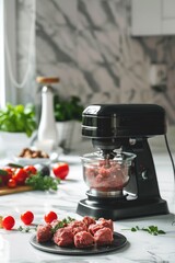 Poster - A plate of meat is placed next to a blender on a counter. This versatile image can be used to depict meal preparation, healthy eating, or kitchen appliances