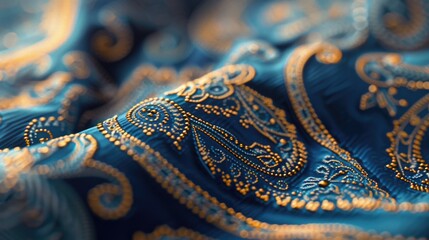 Poster - A detailed close up of a blue and gold paisley fabric. Perfect for adding a touch of elegance and sophistication to any design project