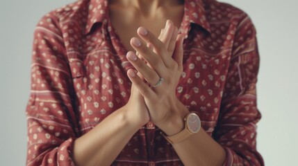 Sticker - A woman wearing a red shirt clapping her hands. Suitable for various uses